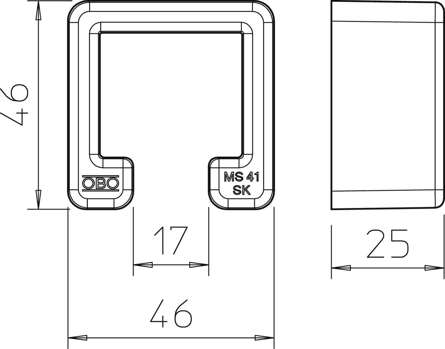 Technische tekening van een U-vormig profiel met afmetingen 46x46 mm, binnendiepte 17 mm, breedte 25 mm. Gemarkeerd met 'MS 41 SK'.