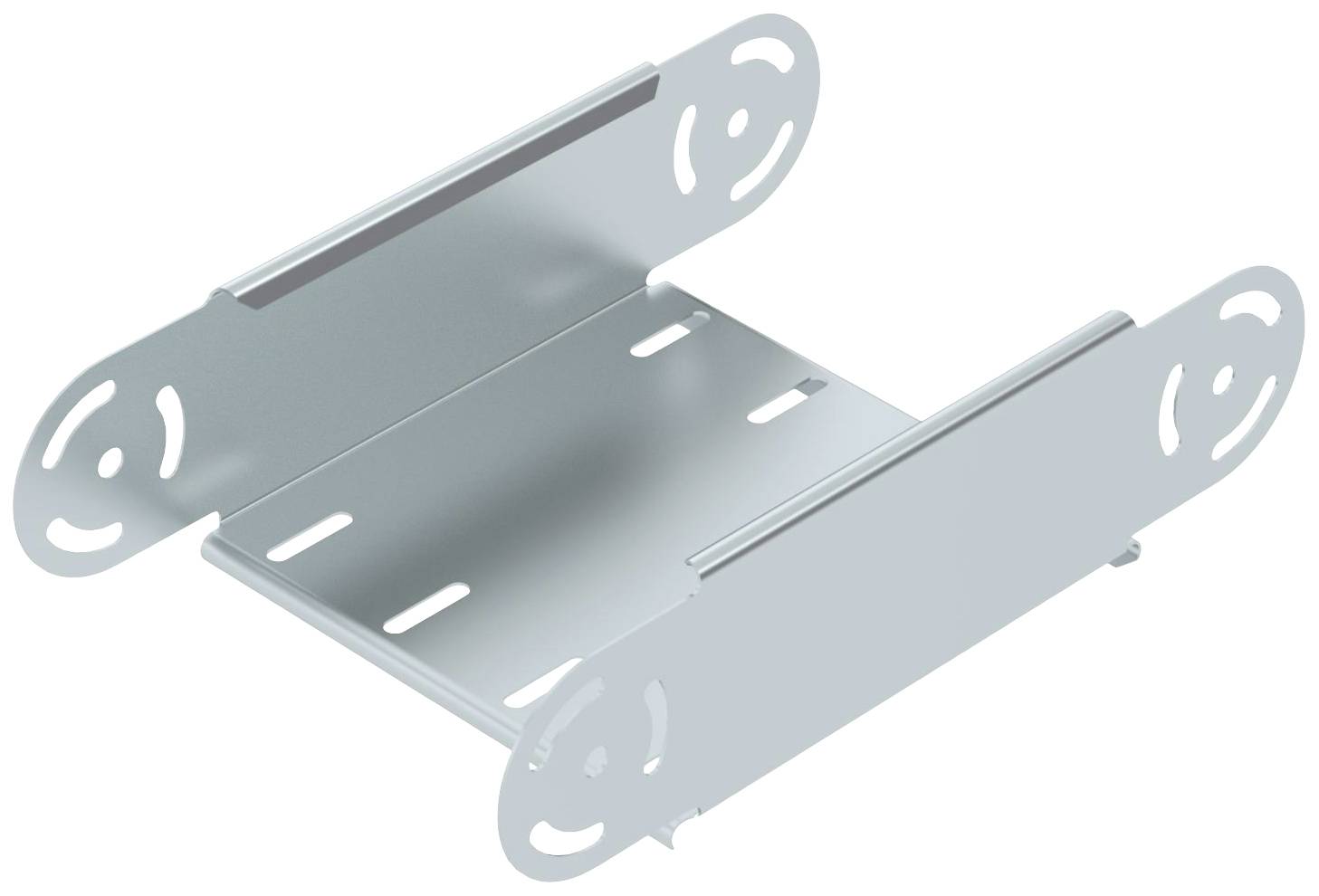 Metalen beugel met rechthoekige voet en twee zijdelingse steunen, geschikt voor het bevestigen van componenten of apparaten.