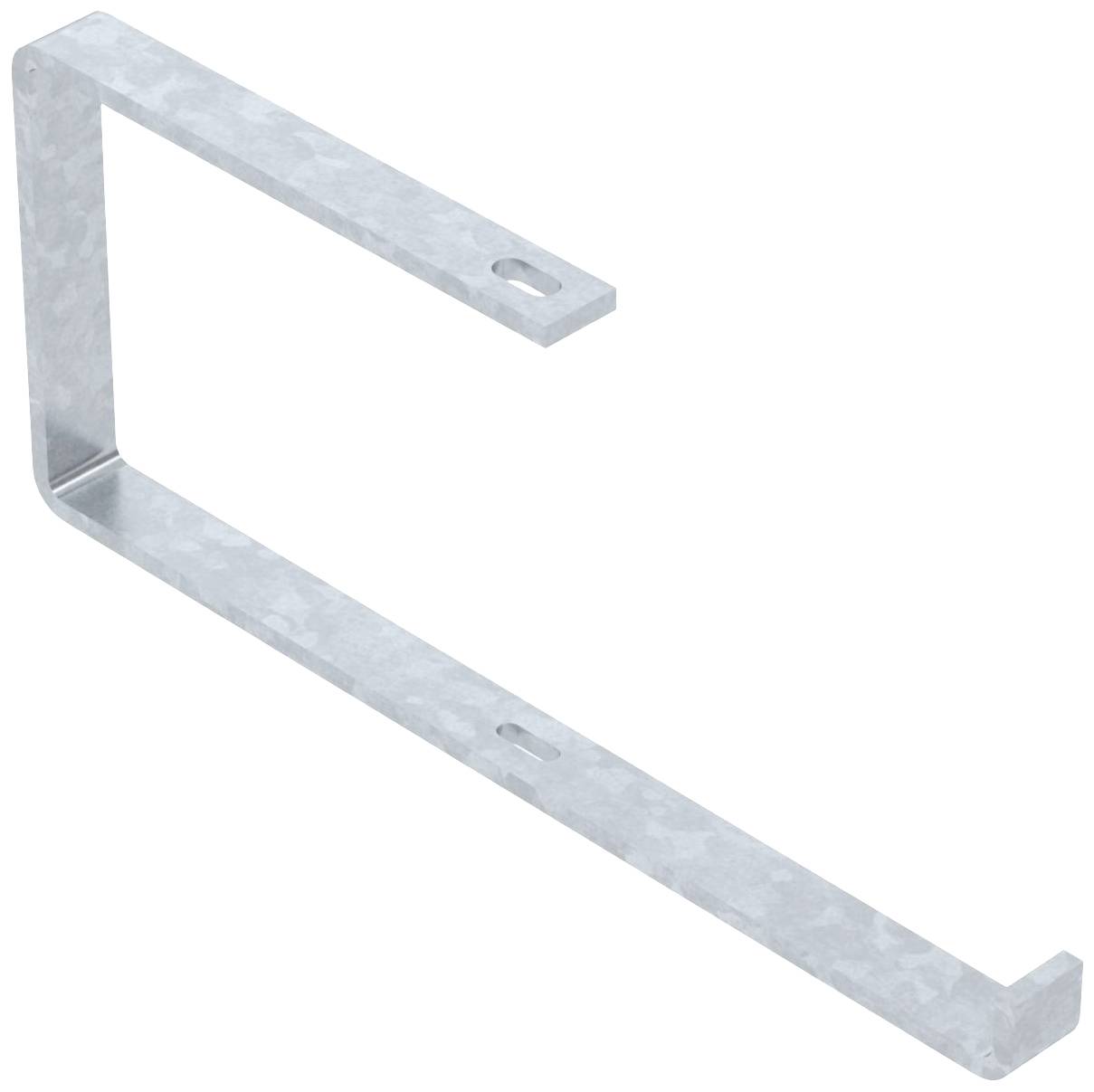 Een L-vormige metalen hoek, grijs verzinkt, met gaten voor bevestiging. Hij wordt vaak gebruikt voor het stabiliseren van planken of constructies.