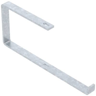 Een L-vormige metalen hoek, grijs verzinkt, met gaten voor bevestiging. Hij wordt vaak gebruikt voor het stabiliseren van planken of constructies.