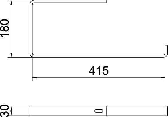Technische tekening van een metalen beugel met afmetingen: lengte 415 mm, hoogte 180 mm en breedte 30 mm. Profiel in U-vorm.