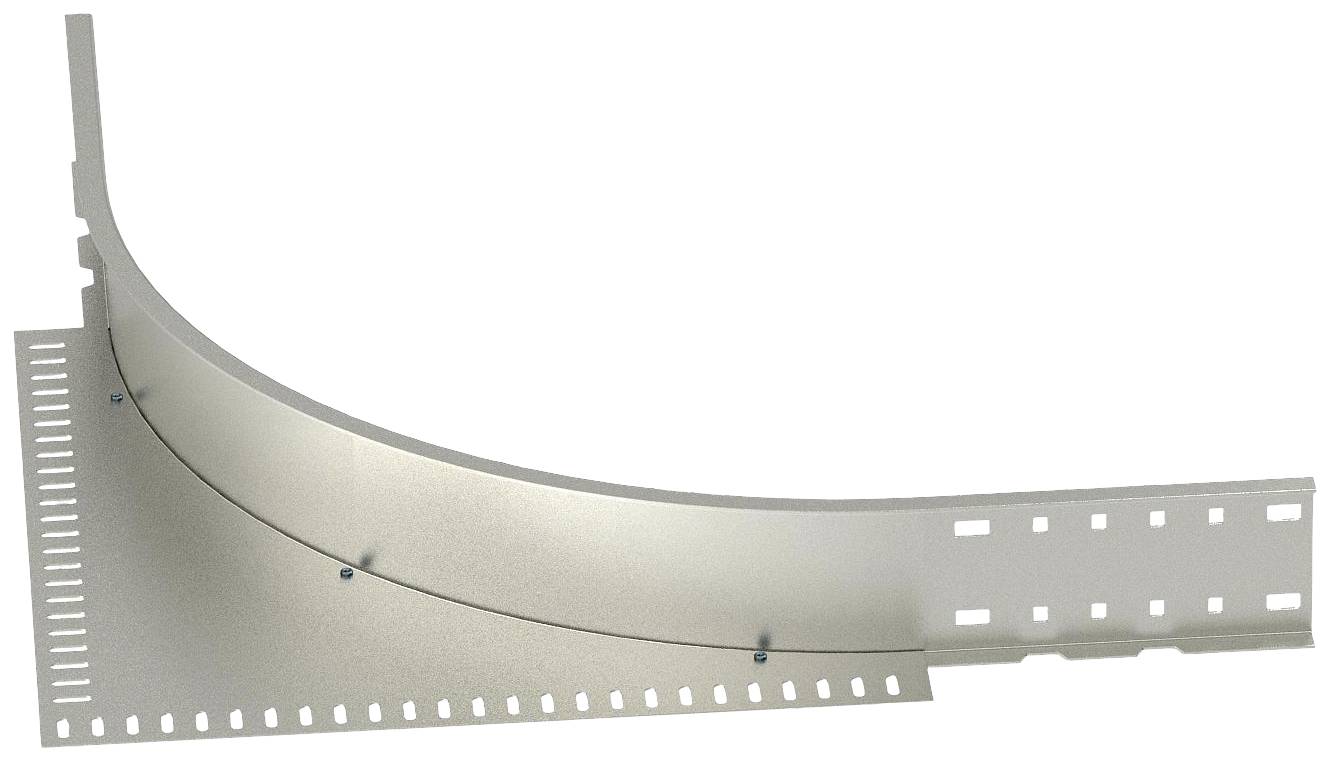Metallic kabelgoot-bochtelement, zilverkleurig, met voorgeboorde gaten voor montage, geschikt voor kabelverbindingen in gebouwen.