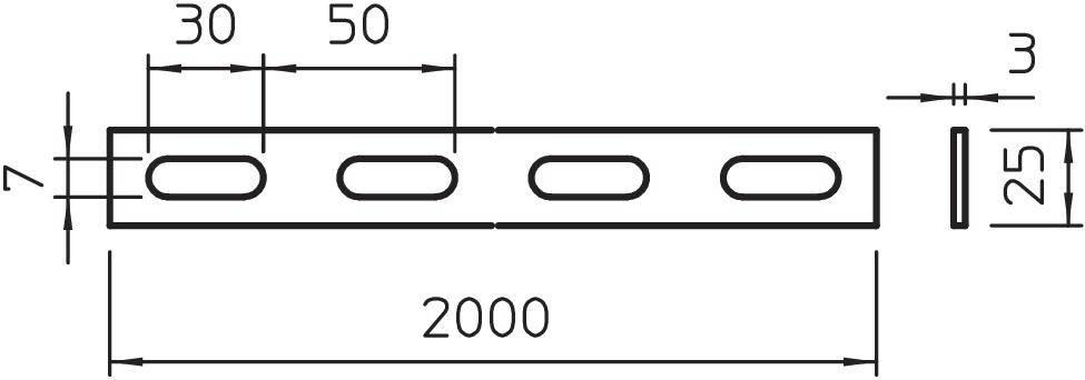 Technische tekening van een metaalprofiel met afmetingen: 2000 mm lengte, 25 mm hoogte, 7 mm breedte, met gaten op afstanden van 30 mm en 50 mm.