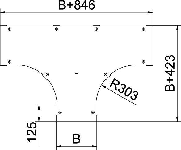 Technische tekening toont een T-vormig onderdeel met afmetingen: bovenste breedte B+846, hoogte B+423, onderste breedte B, straal R303, hoogte 125.