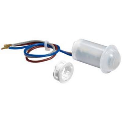Kleine witte bewegingssensor met twee aangesloten kabels, geschikt voor installatie in beveiligings- of verlichtingssystemen.