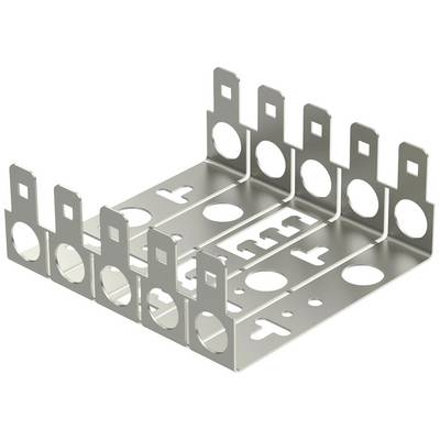 Metalen bevestigingssteun met meerdere openingen en klepjes, bedoeld voor de montage van elektrische of mechanische componenten.