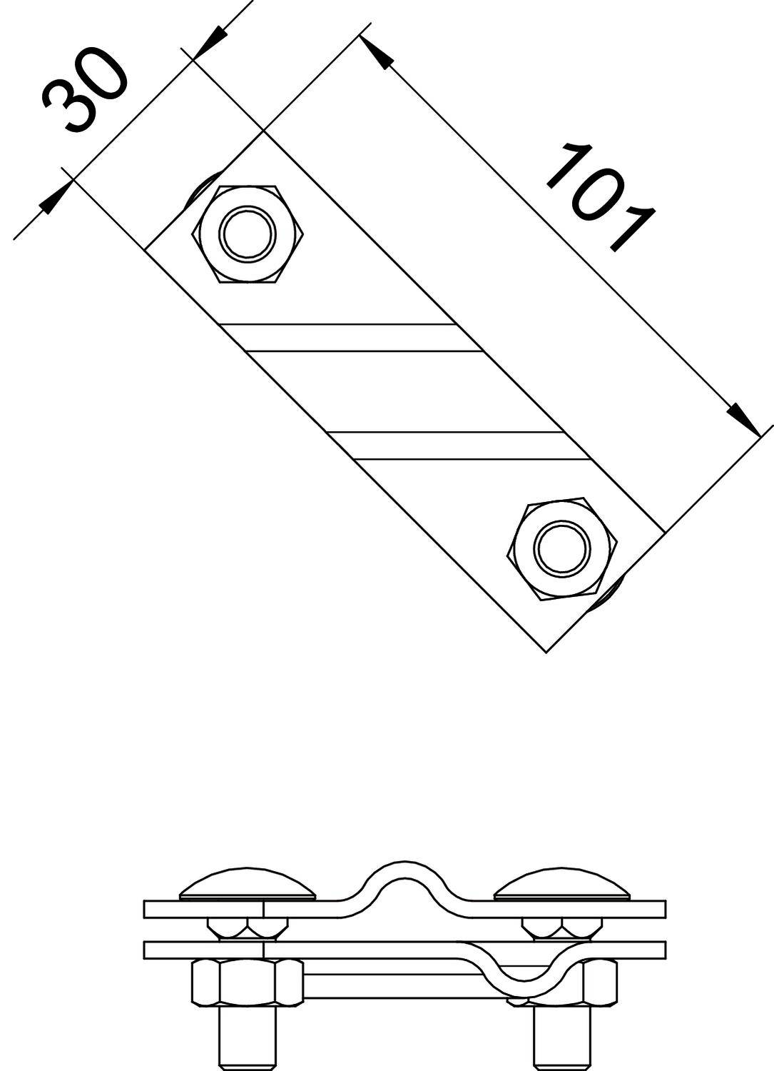 Technische tekening van een klembeugel met afmetingen: 30 x 101. De klembeugel toont schroeven en moeren in voor- en zijaanzicht.
