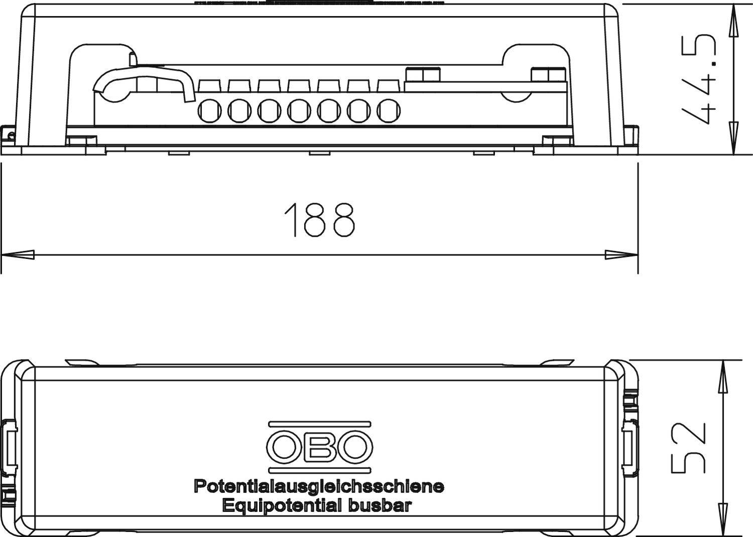 'Technische tekening van een potentiaalvereffenningsrail met OBO-logo. Afmetingen: lengte 188 mm, hoogte 52 mm. Railaanzicht van boven en opzij.'