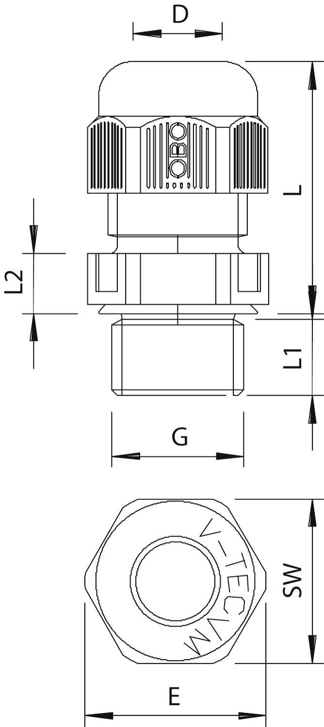 Technische tekening van een kabelwartel met afmetingen: D, L1, L2, G, E, MS. Vooraanzicht van opzij en bovenaanzicht.