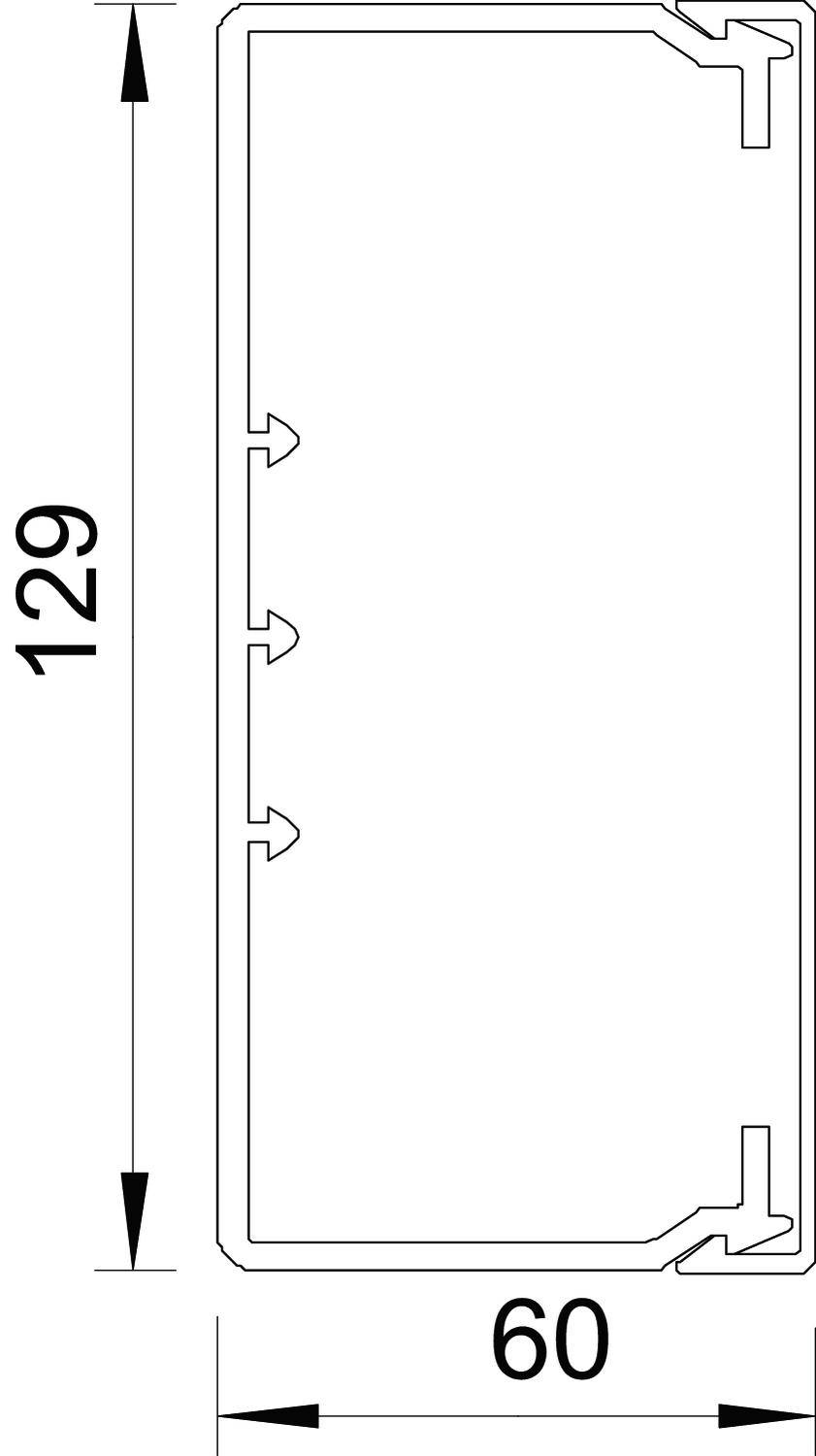 Doorsnede van een rechthoekige structuur met afmetingen van 129 mm hoogte en 60 mm breedte, toont haak- en hoekverbindingen.