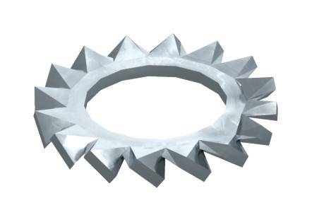 Een grijs, getand, ringvormig object met een onregelmatige rand dat driedimensionaal lijkt.