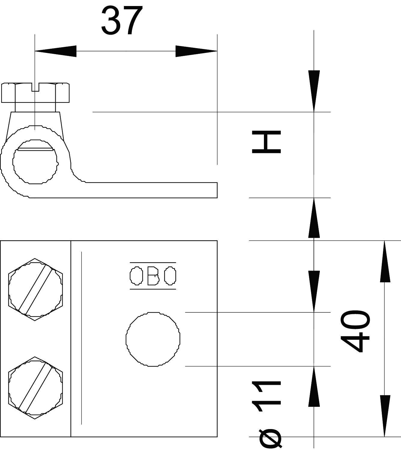 Technische tekening van een accuklem met afmetingen: totale breedte 37 mm, booropening diameter 11 mm, totale hoogte 40 mm.