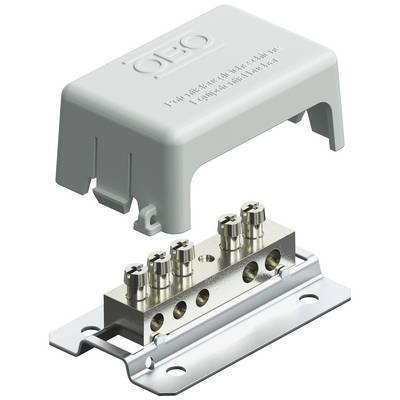 Op de afbeelding staat een geopende elektrische aansluitblok met de kunststof deksel verwijderd, waarbij eronder een metalen klemmenrail zichtbaar is.