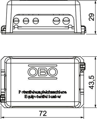 Technische tekening van een potentiaalvereffensrail met afmetingen: 72 mm breedte, 43,5 mm hoogte, 29 mm diepte. Gemarkeerd met 'OBO'.