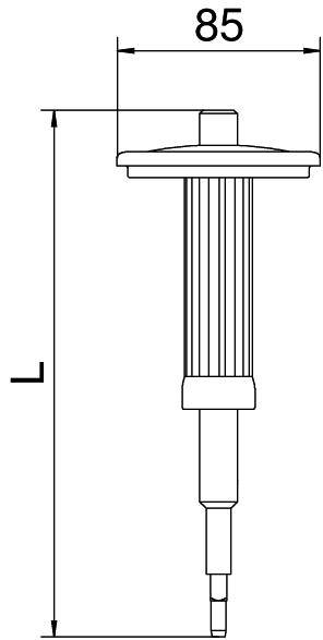 Technische tekening van een cilindrische pen met groeven en een bovenste ronde kap. Breedte 85 mm, totale lengte 'L'.