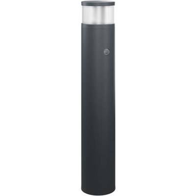 Zwarte cilindrische grondlamp met zilveren deksel. Minimalistisch design, geschikt voor het verlichten van paden of tuinen.