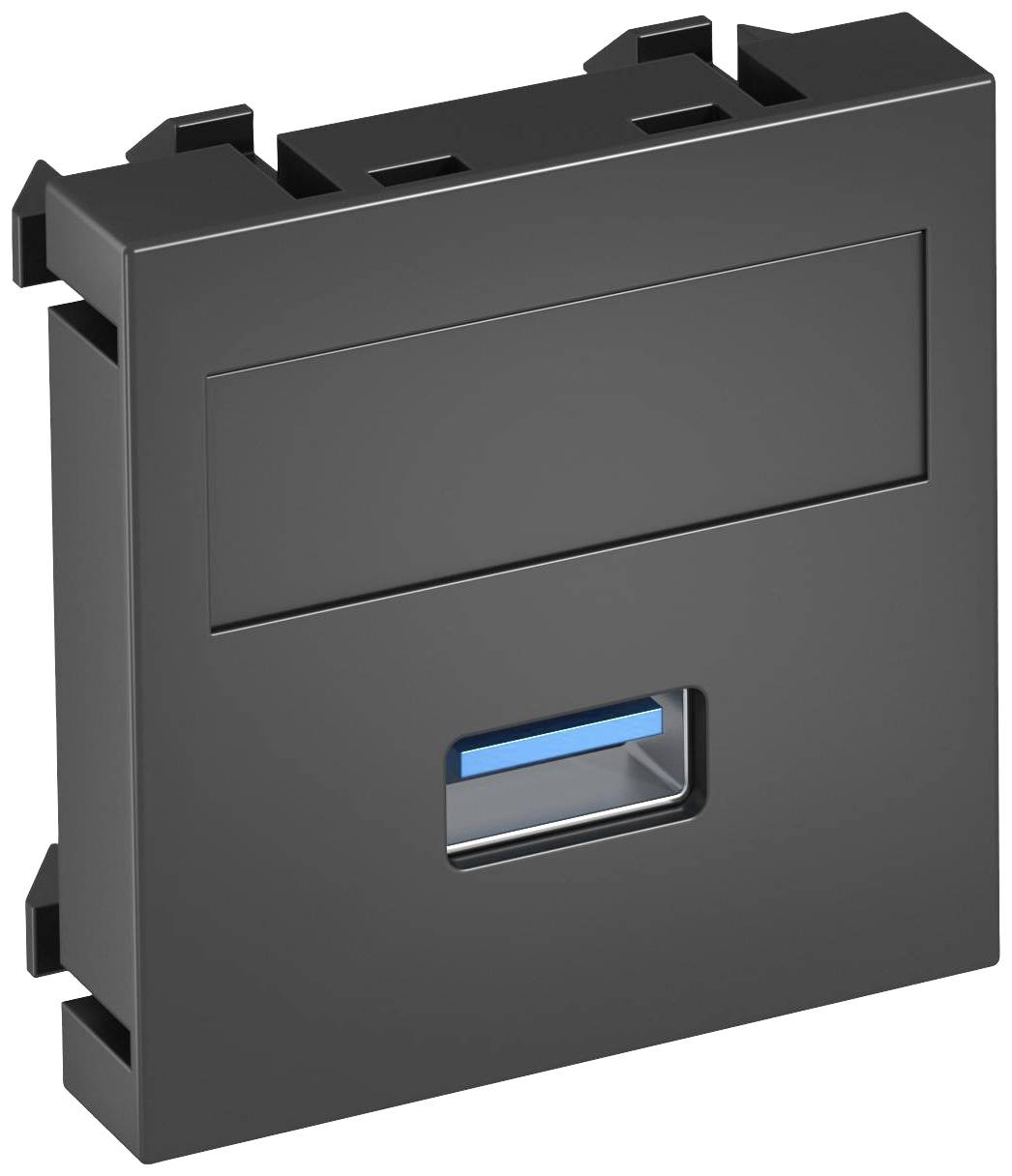 Een zwarte moduleenheid met een rechthoekige vorm en een blauw detail in het midden.
