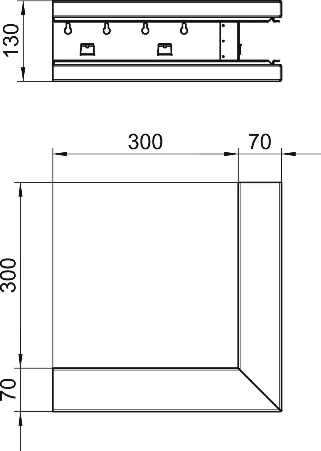 Technische tekening toont de zij- en vooraanzicht van een frame van 300x300 mm met een diepte van 130 mm, weergegeven met afmetingen.