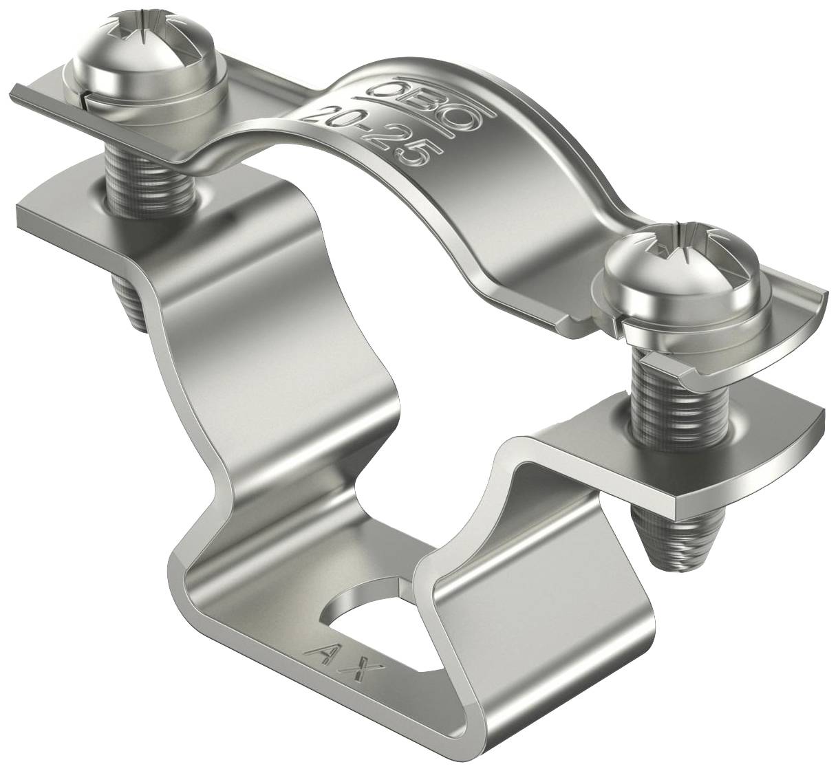 Metalen klem met schroeven, gebogen ontwerp en markering '20-25'. Geschikt voor het bevestigen van buizen of kabels.