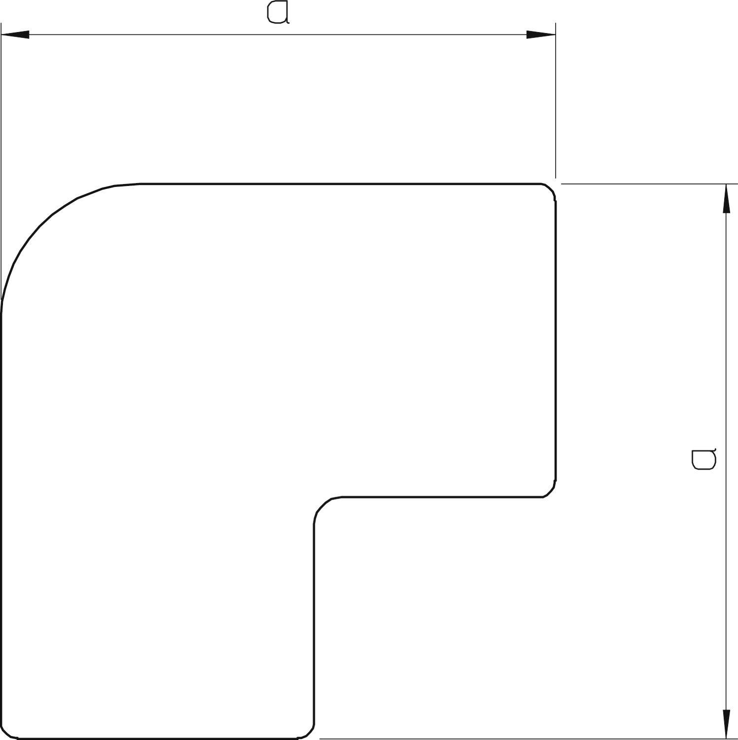 Technische tekening van een L-vormige hoek met afgeronde rand; gemarkeerde afmetingen: 'd' breedte, 'b' hoogte.
