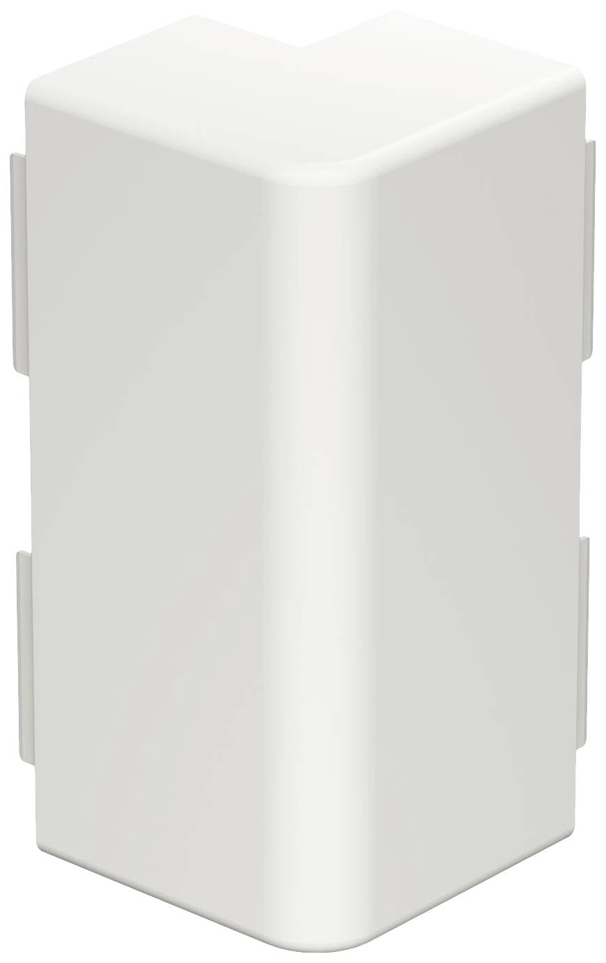 Witte kunststof hoekverbinder, hoekig van vorm, voor het verbinden van twee panelen onder een rechte hoek.