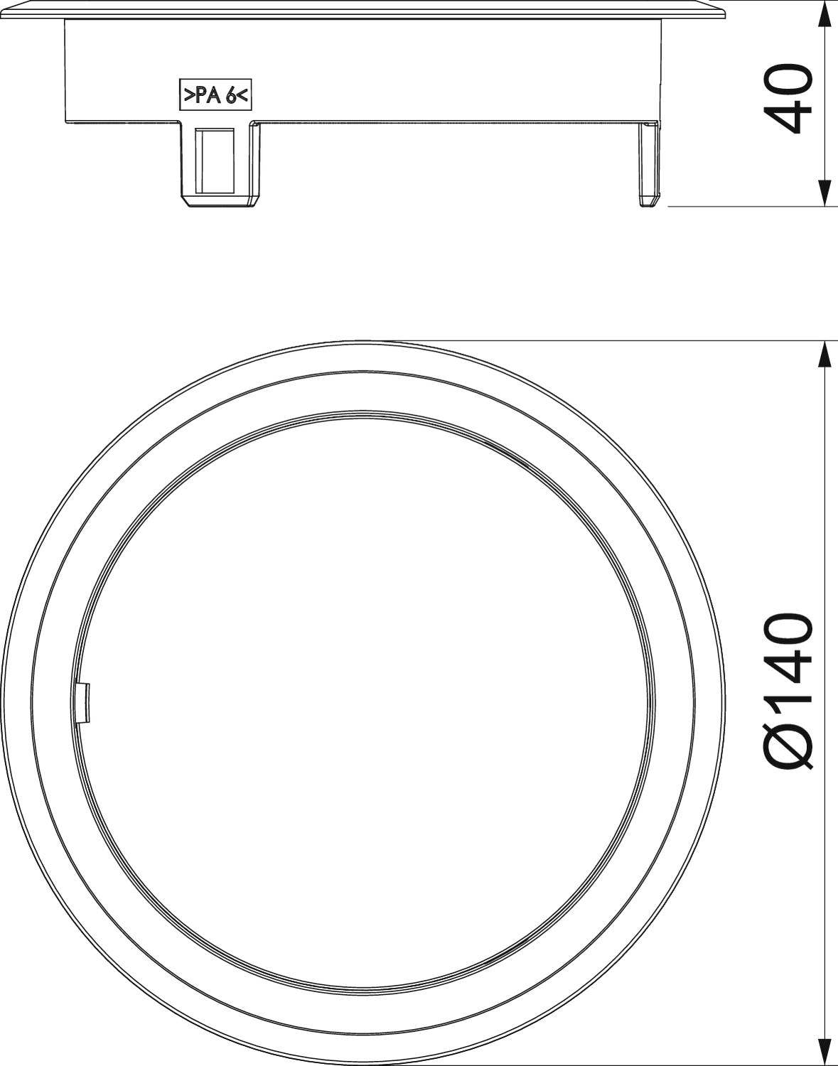 Technische tekening van een rond ventilatierooster met een diameter van 140 mm en een hoogte van 40 mm, materiaal 'PA6'.