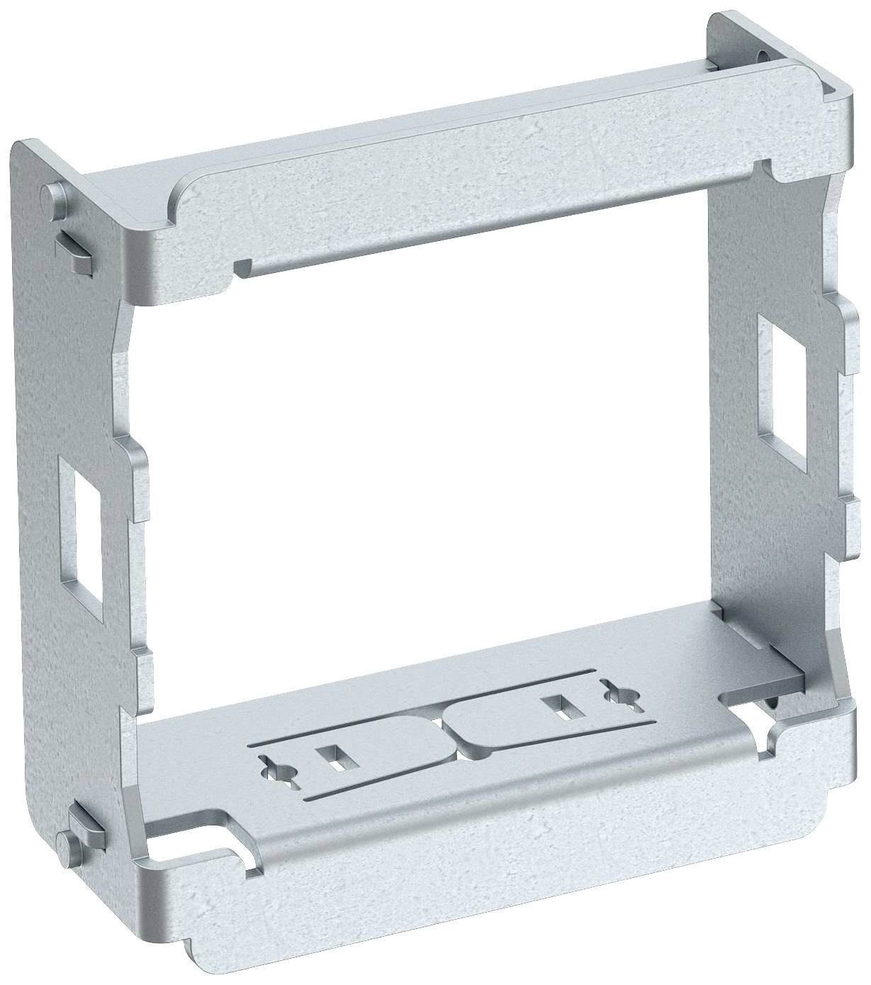 Metalen framesteun voor elektrische schakelaars of stopcontacten, vierkante vorm, grijs metaal, met uitsparingen aan de zijkanten.
