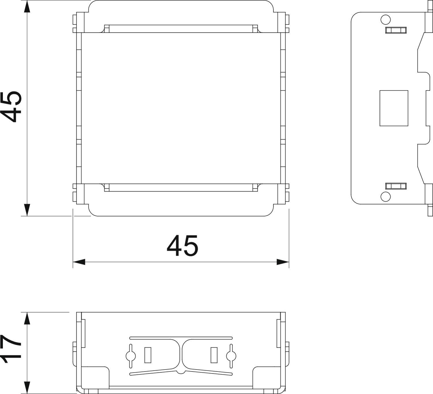 Technische tekening van een rechthoekig apparaat met afmetingen: 45x45 mm in lengte en breedte, 17 mm in diepte.