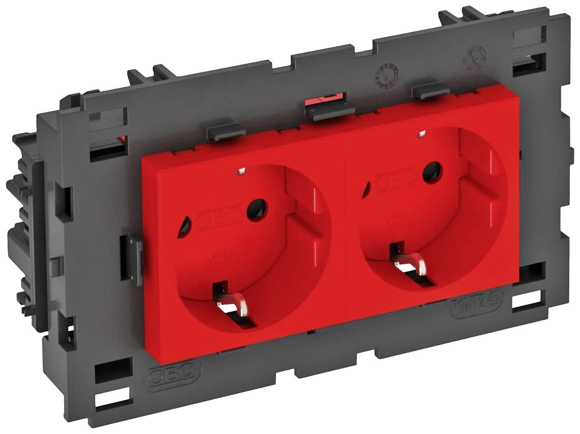Een zwarte framebehuizing met twee rode, rechthoekige stopcontacten met randaarde. Geschikt voor elektrische installaties.