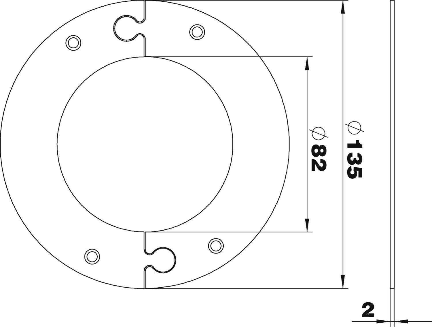 Technische tekening van een ronde schijf met een binnendiameter van 82 mm en een buitendiameter van 135 mm, met een dikte van 2 mm.