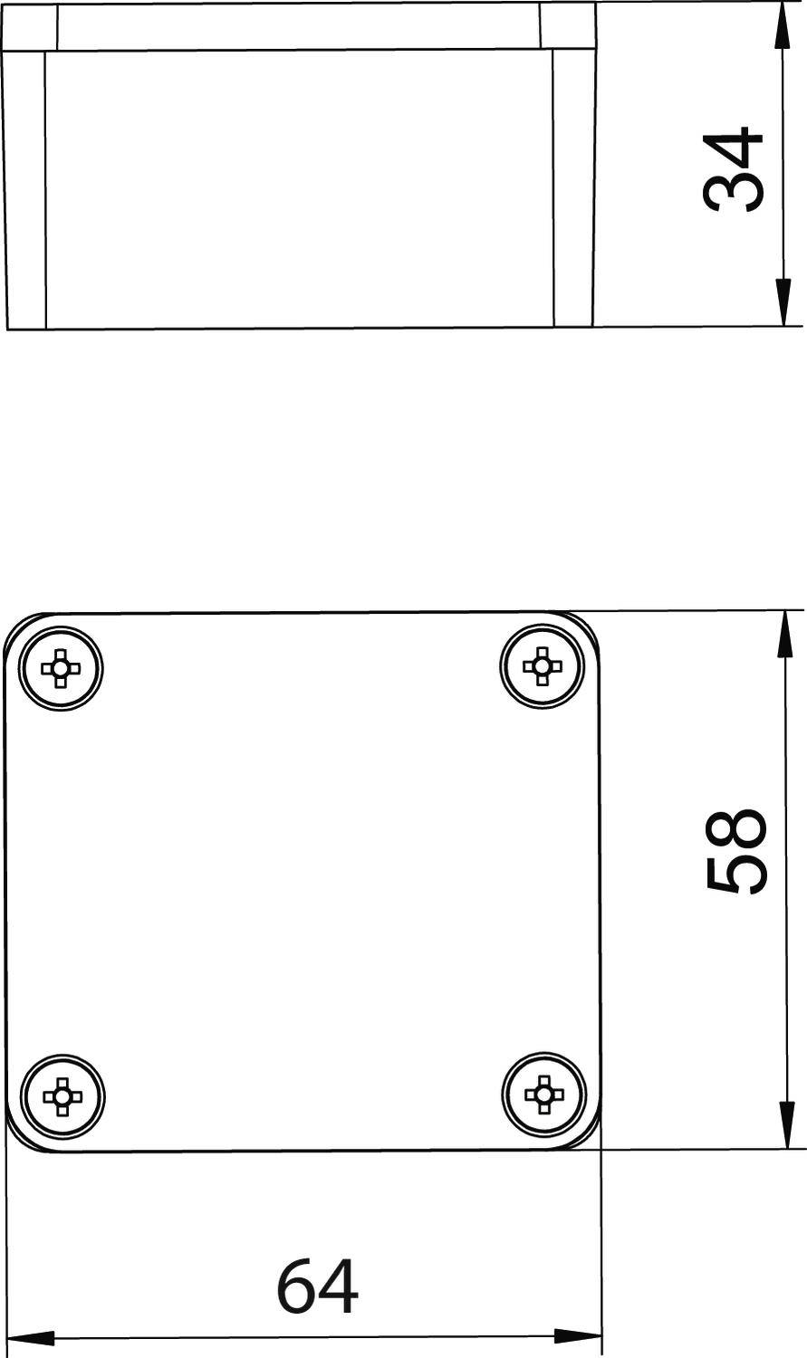 'Tekening van een rechthoekige behuizing met afmetingen: vooraanzicht 34x64 mm, zijaanzicht 58 mm. Bevat vier hoekschroeven.'
