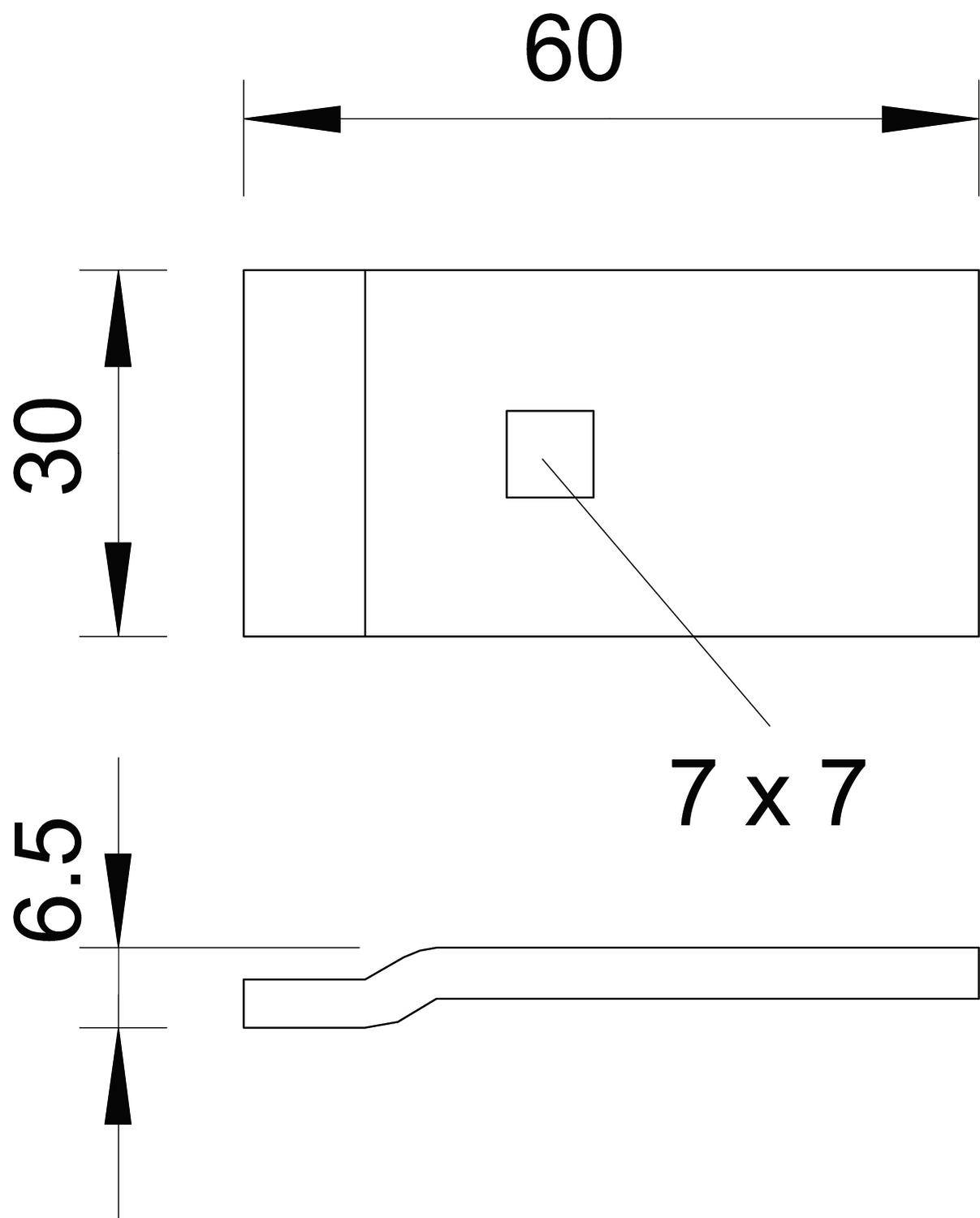 Technische tekening van een rechthoekig object met afmetingen van 60x30 en een doorsnede van 6,5. Vierkant van 7x7 binnenin gemarkeerd.