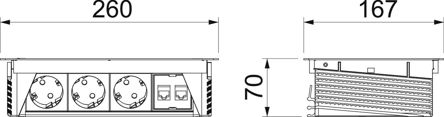 Technische tekening van een stekkerdoos met drie stopcontacten en twee schakelaars. Afmetingen: breedte 260 mm, diepte 167 mm, hoogte 70 mm.