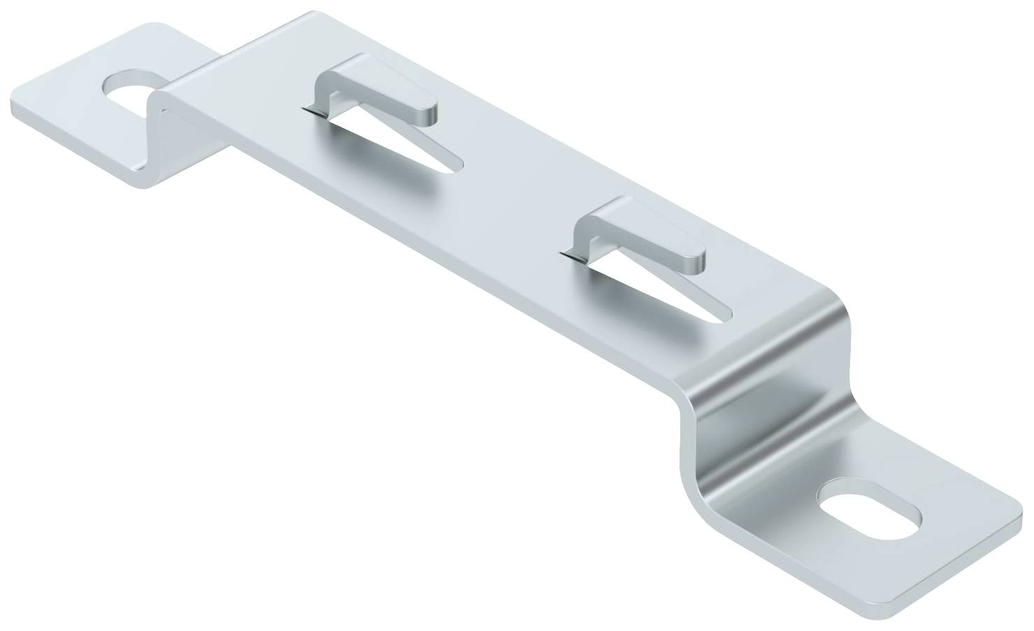 Metalen beslag met gebogen ontwerp, twee bevestigingsgaten aan de uiteinden en twee clips in het midden voor stabilisatie of montage.