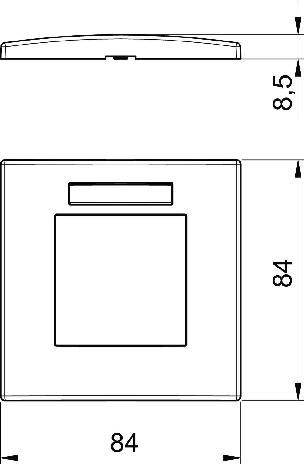 Een technische tekening van een vierkante schakelaar met afmetingen: 84 mm x 84 mm. Hoogte van opzij: 8,5 mm.