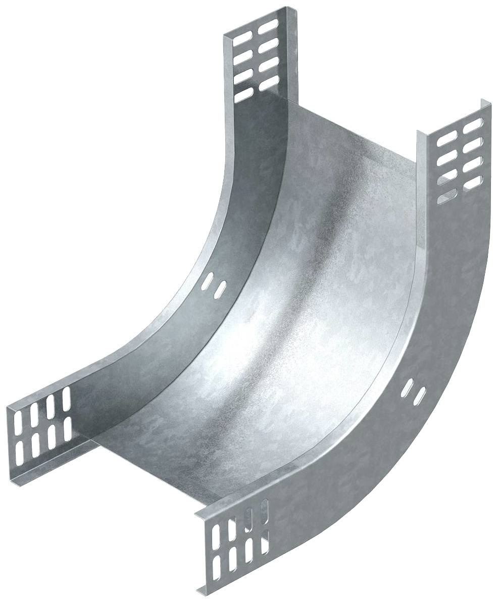 Metalen kabelgoot met een gebogen vorm en gaten aan de zijkanten voor bevestiging in elektrische installaties.