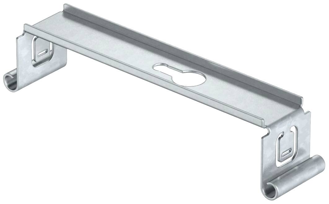 Metalen drager met een centraal gat en gebogen uiteinden voor bevestiging. Robuust en functioneel voor bouwkundige toepassingen.