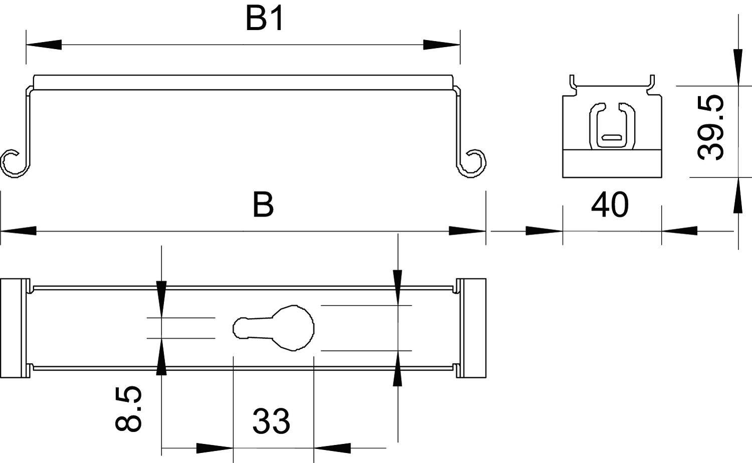 Technische tekening van een rechthoekig object met afmetingen: Breedte B1 40, Hoogte 39,5, Breedte B 33, Diepte 8,5.