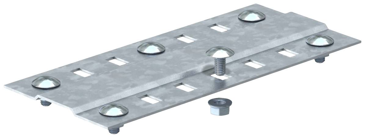 Een rechthoekige metalen plaat met verschillende bouten en moeren, die wordt gebruikt voor montage of bevestiging in constructies.