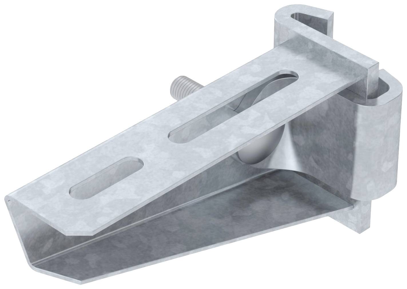 Metalen montagehoek met schroef, gebruikt voor bevestiging in bouwtoepassingen. Toont een schuin ontwerp met twee langwerpige gaten.