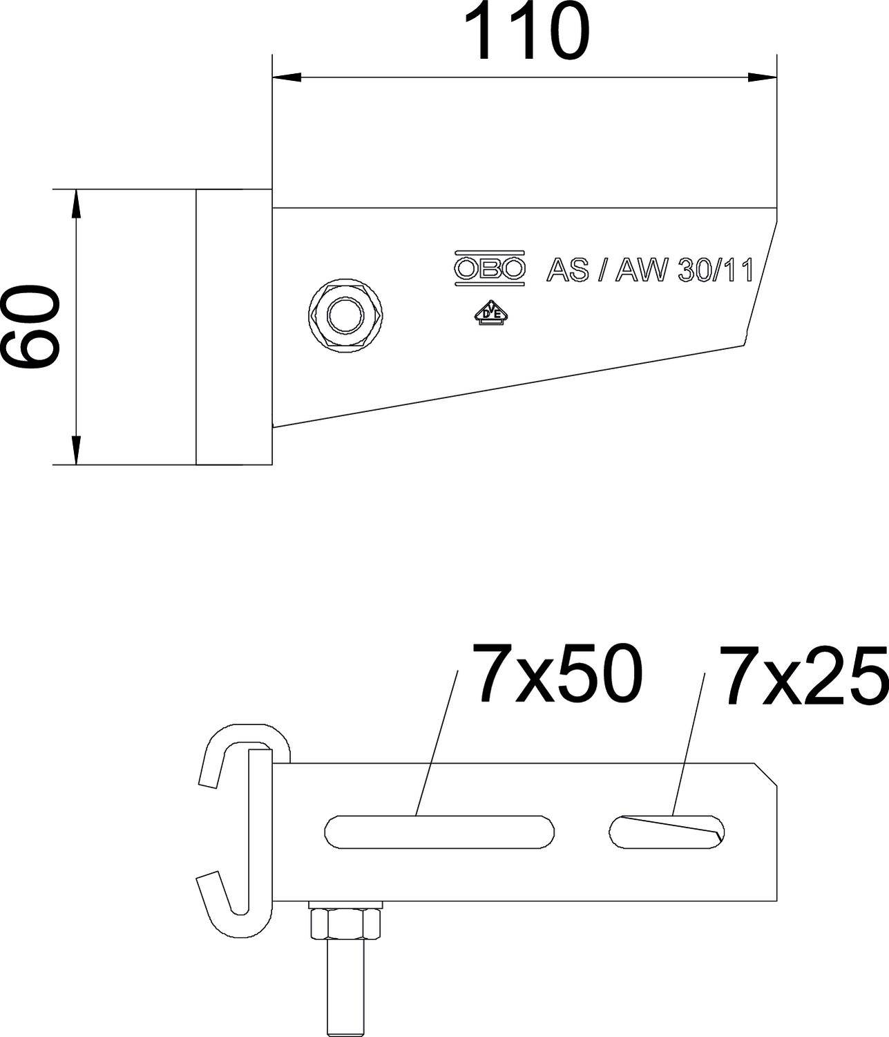 Technische tekening van een schroefhaak. Afmetingen: 60mm hoogte, 110mm lengte. Twee verschillende aanzichten worden getoond met boringen 7x50 en 7x25.