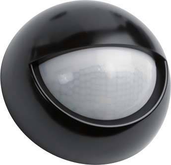 Een zwarte bewegingssensor met een bolle lens, geschikt voor het detecteren van bewegingen in beveiligings- of verlichtingssystemen.