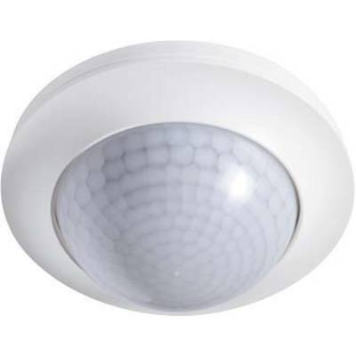 Een ronde, witte plafondbeweginssensor met een gewelfd, transparant sensoroppervlak in het midden.