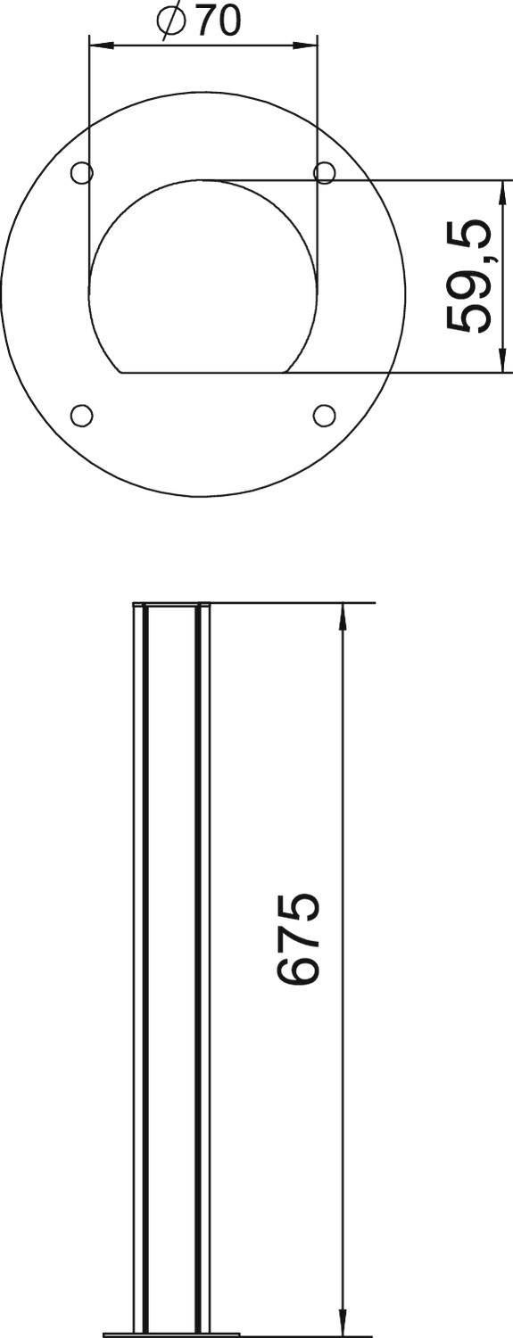 Technische tekening van een cilindrisch object met een hoogte van 675 en een diameter van 70, zij- en bovenaanzicht.