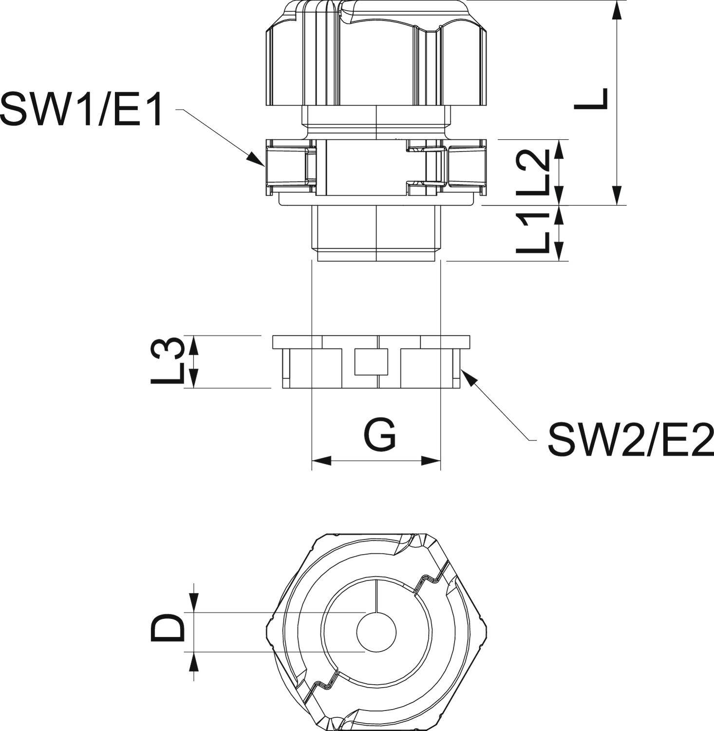 Technische tekening van een schroefdraadverbinder met maten L, L1, L2, L3, G, SW1/E1, SW2/E2, D. Bovenaanzicht aan de bovenkant, bovenaanzicht aan de onderkant.