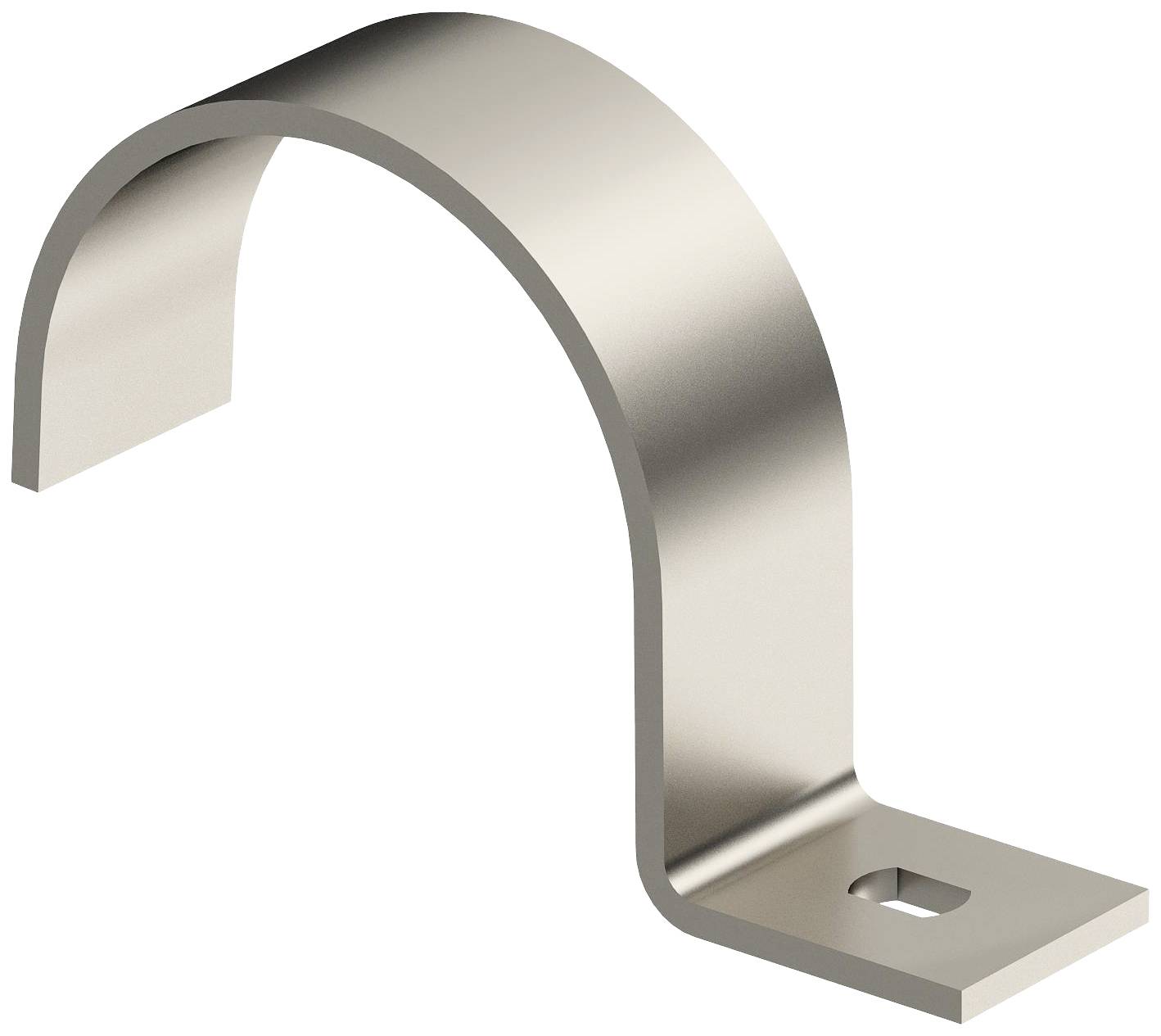 Metalen U-vormige kabelklem met bevestigingsgat aan één zijde, voor het bevestigen van kabels of buizen aan oppervlakken.
