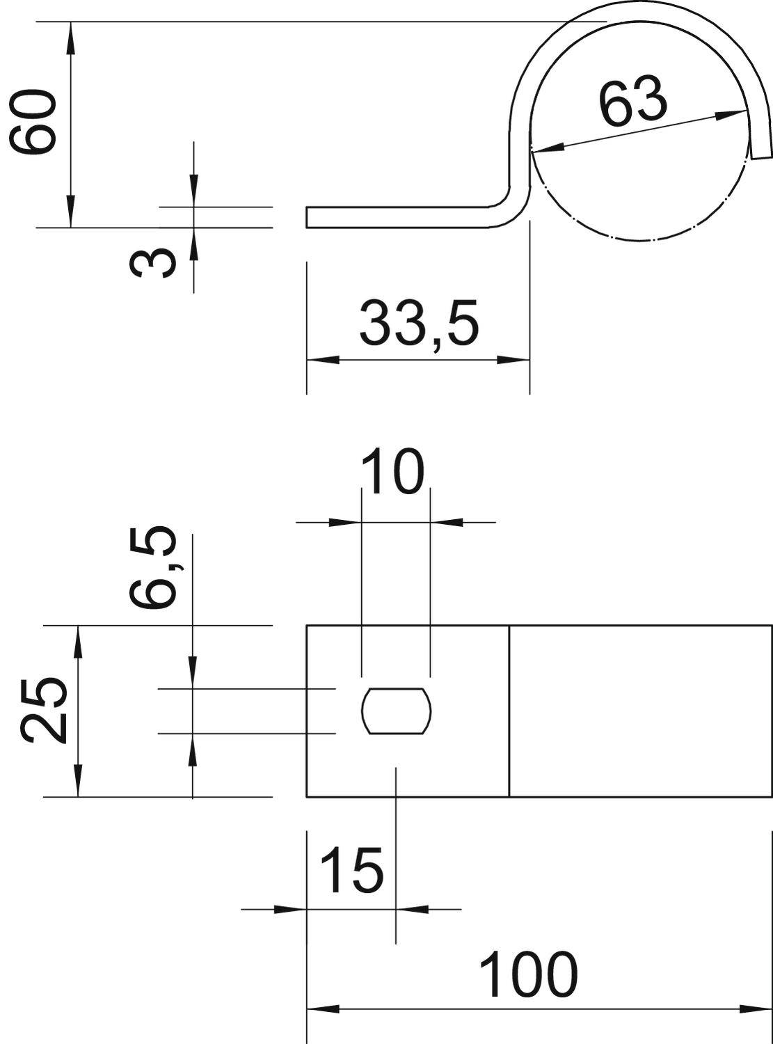 Technische tekening van een metalen buis met een bocht. Afmetingen: diameter 63 mm, lengte 100 mm, bocht begint bij 33,5 mm.