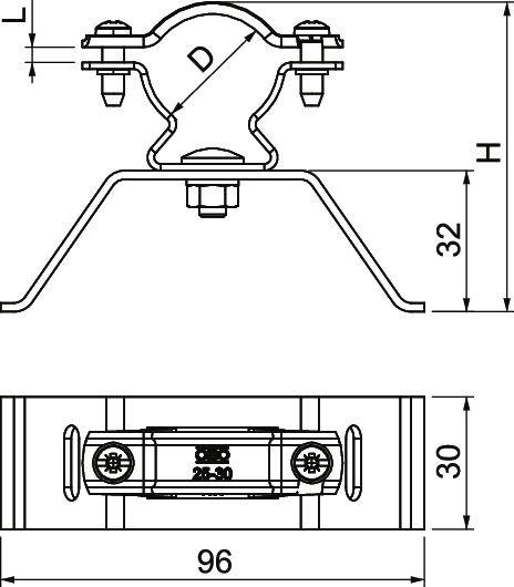 Technische tekening van een klem met afmetingen: Hoogte (H) niet vermeld, breedte 96 mm, klembereik 32 mm, onderverdelingsbreedtte 30 mm.
