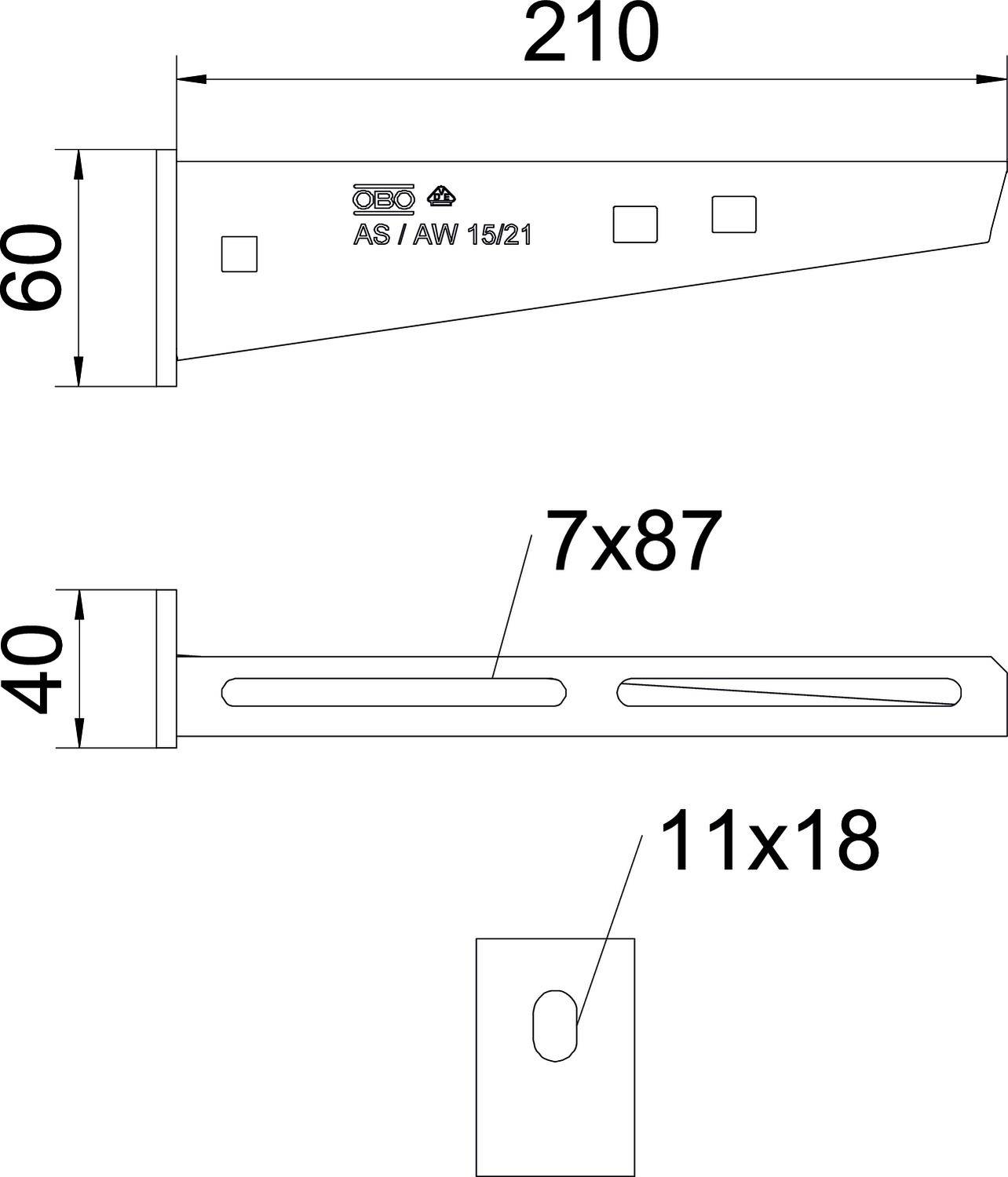 'Technical drawing of a metal mounting bracket with dimensions: 210mm long, 60mm and 40mm high. Hole positions and slots marked.'