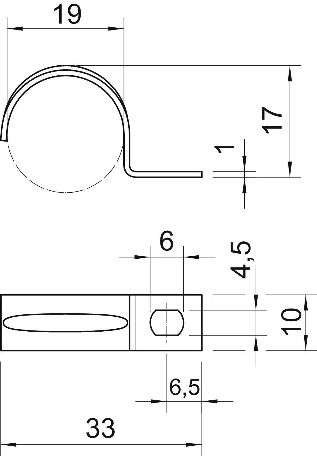 Technische tekening van een buisklem. Afmetingen: diameter 19 mm, hoogte 17 mm, breedte 6 mm, totale lengte 33 mm.